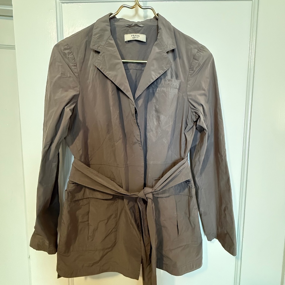 Prada Taupe Belted Nylon Trench Coat